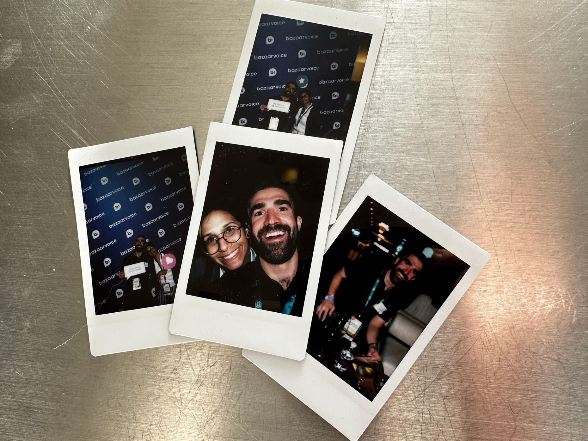 Polaroid snapshots of OFFBRAND founders Andrew and Raina at an industry event