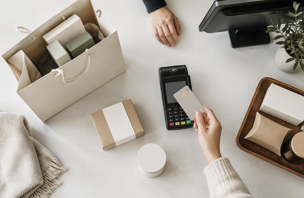 Products and a payment terminal at a retail counter