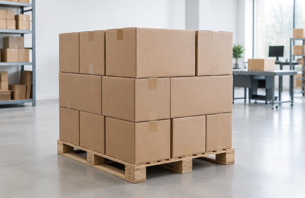Shipping boxes in a bright brand fulfilment space