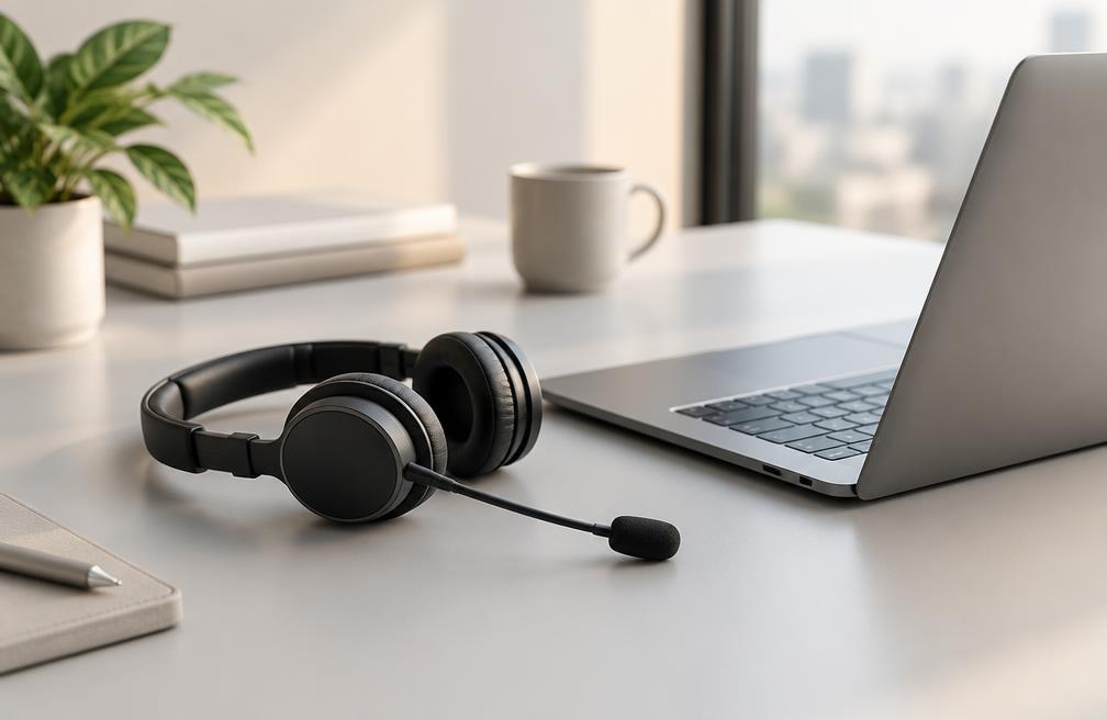 Headset and laptop at a clean customer support desk